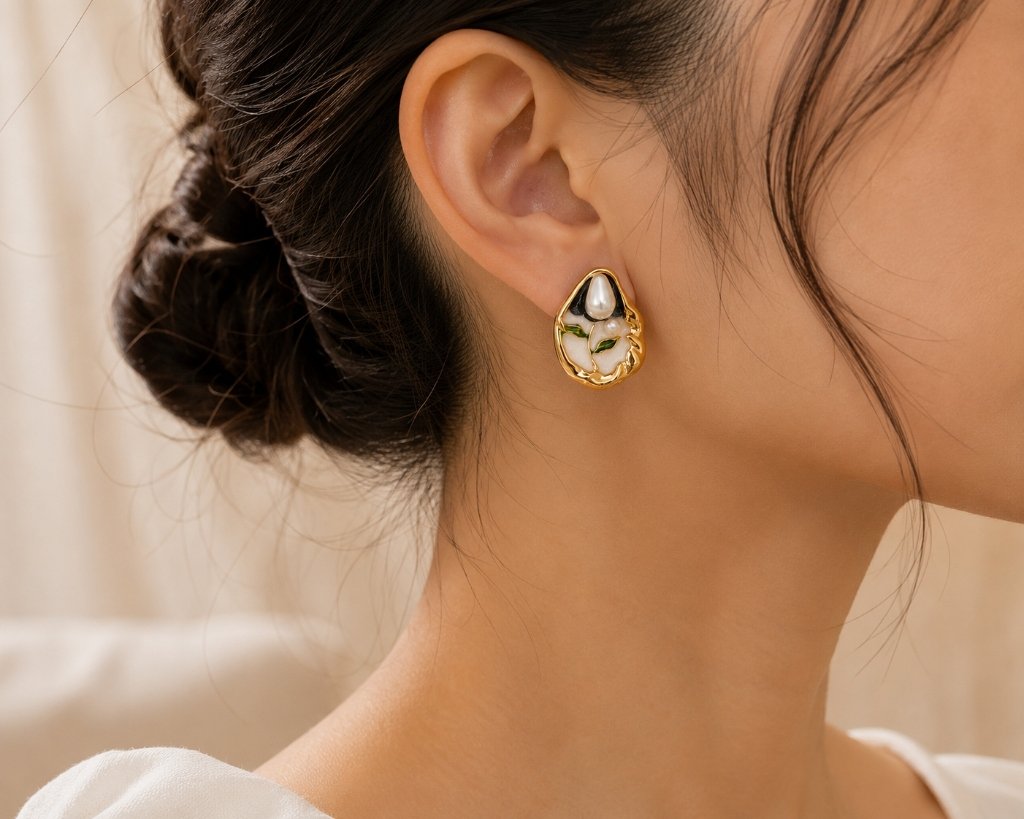 Floral Blue Pearl Studs detail view 2