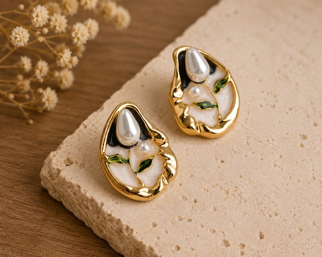 Floral Blue Pearl Studs by Calistry