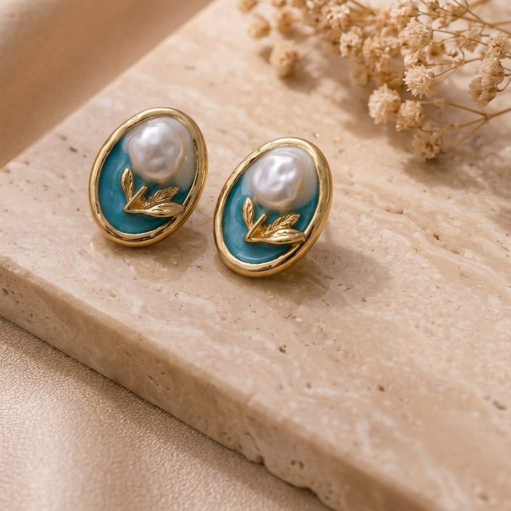 Floral Blue Pearl Studs