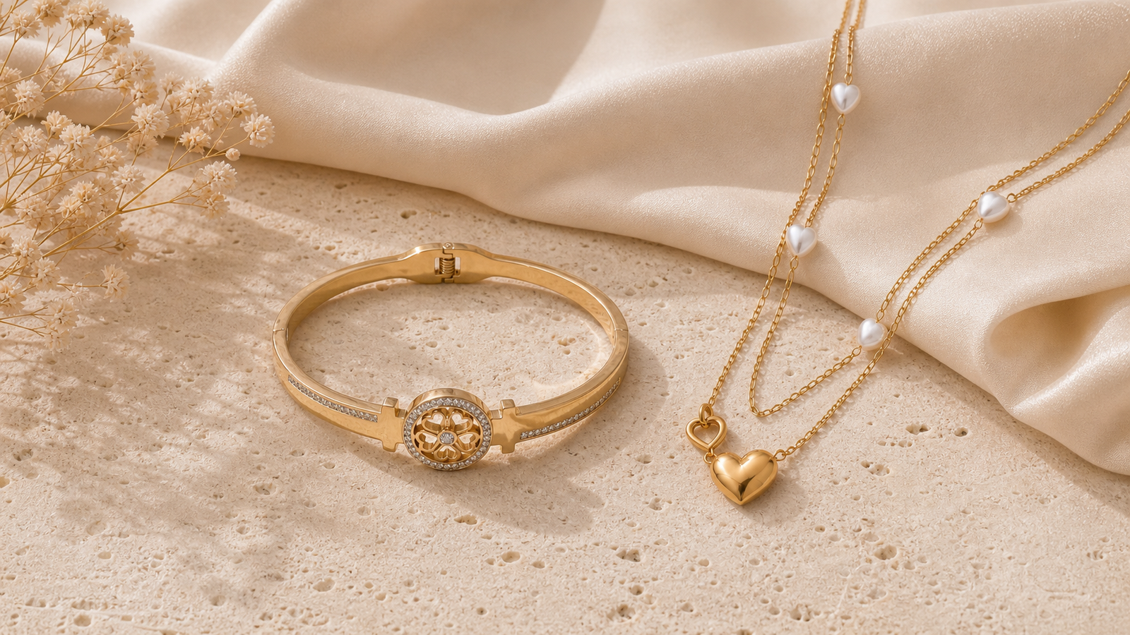 Twin Heart Pearl Necklace and Daily Resilience Bangle from Calistry